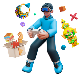 boy playing video games with multiple elements flowing around him
