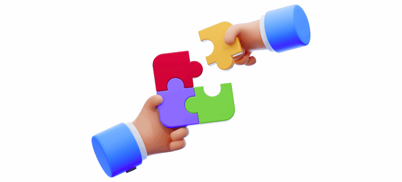 2 hands of people tying together 2 pieces of a puzzle
