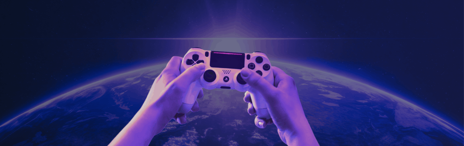 a video-gaming console, with the earth seen from space in the background